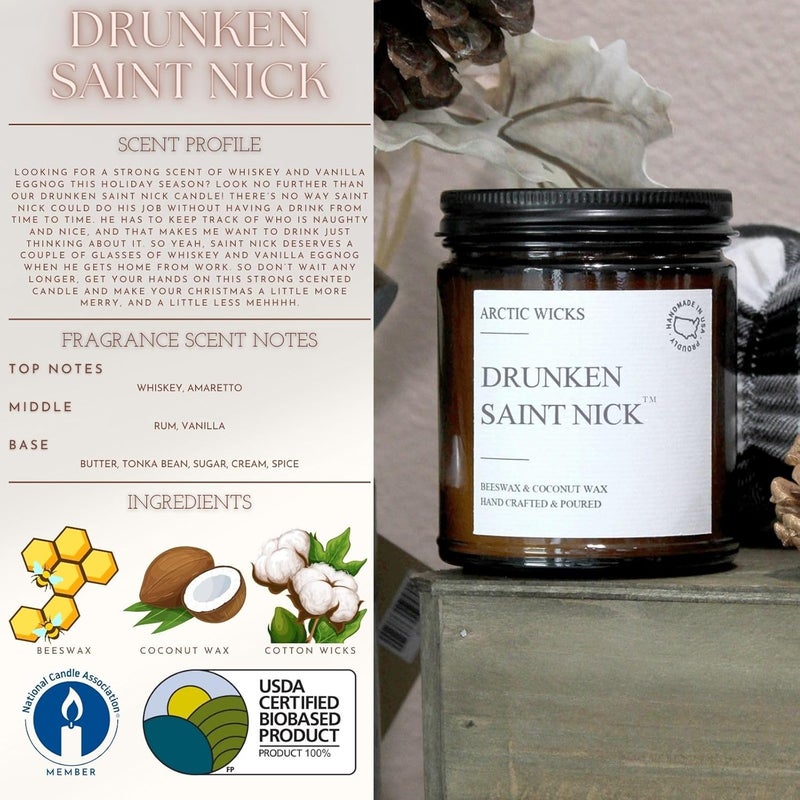 Arctic Wicks Scented Coconut Beeswax Candles | Coconut Beeswax Non Toxic Candle 9oz Amber | Farmhouse Candles Non-Toxic Clean Burn 100% USDA Certified Biobased (Drunken Saint Nick) - Image 2